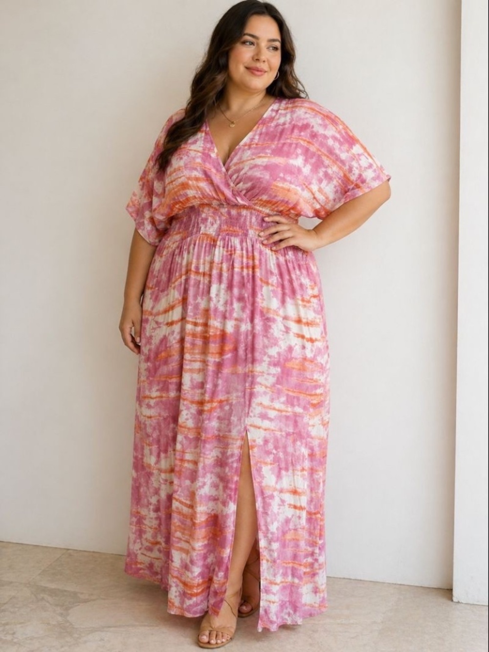 Knox Rose Cottage Pink & Orange Tie Dye Surplice Smocked Maxi Dress Size XXL